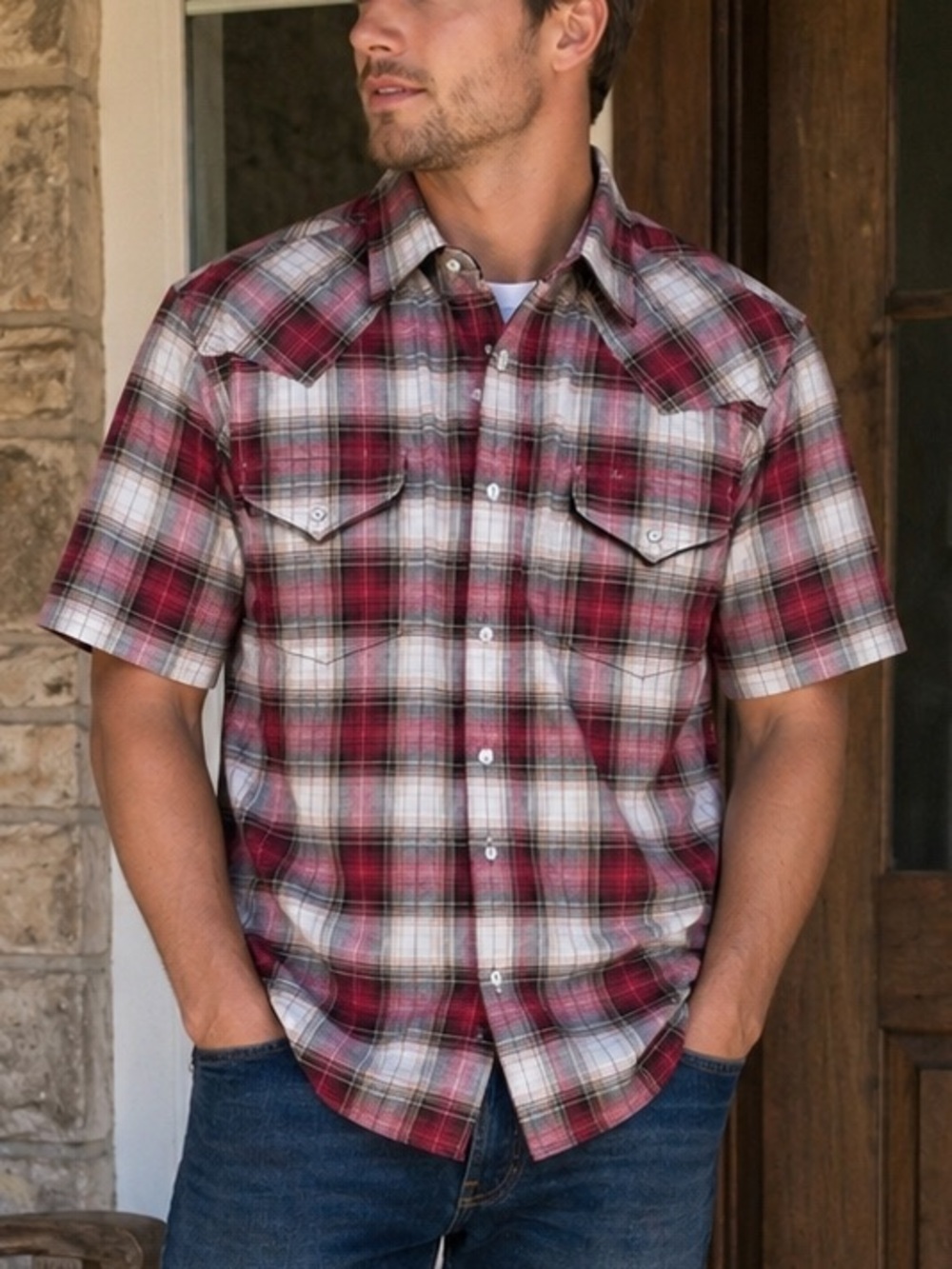 ELY Cattleman Medium Plaid Western Cowboy Plaid Shirt Pearl Snap Short Sleeve